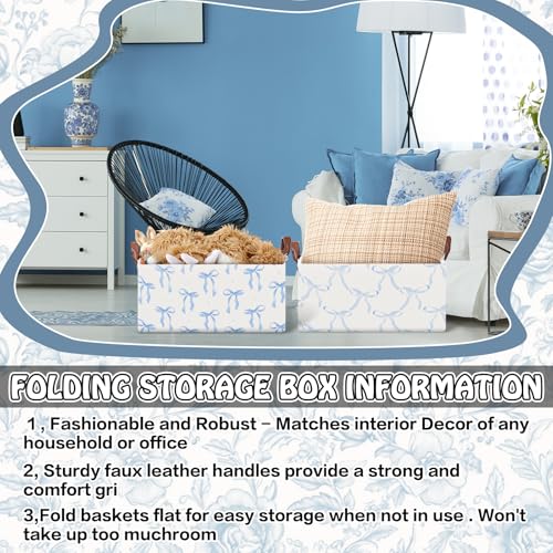 Boao 3 Pcs Blue Bow Storage Bin Collapsible Large Storage Baskets for Gifts Empty Candy Holiday Decor Canvas Laundry Basket Foldable Box with Handle for Office Home Bedroom Clothes - style: Blue Bow