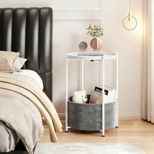Small Round Side Table with Felt Storage Basket, Metal End Table with Removable Tray and Adjustable Feet, Accent Table for Nursery, Bedroom, Living Room, Laundry Room, White - color: White