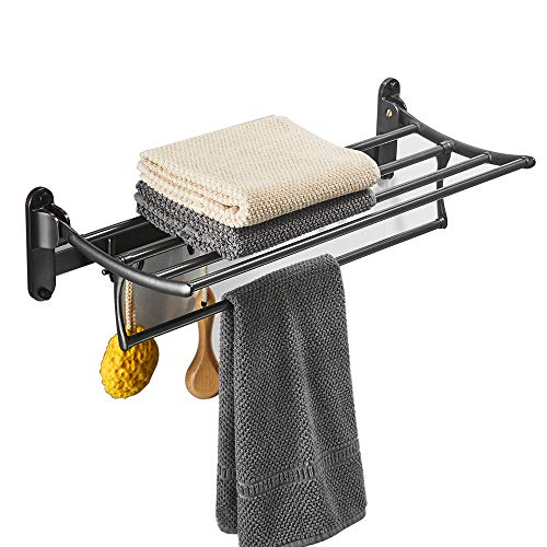 BESy 24 Inch Oil Rubbed Bronze Towel Racks, Bathroom Towel Shelf with Foldable Towel Bar Holder and Towel Hooks, Wall Mounted Multifunctional Bathroom Accessories, Double Towel Bars - color: Oil Rubbed Bronze