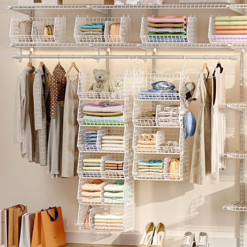 6 Tier Extra Large Hanging Closet Organizer, Closet Storage Hanging with Dividers, Wire Closet Shelf with 5 S Hooks 4 Dividers,Sweater Handbag Hat Accessory Storage Hanger,White - color: White, size: 6-Tier