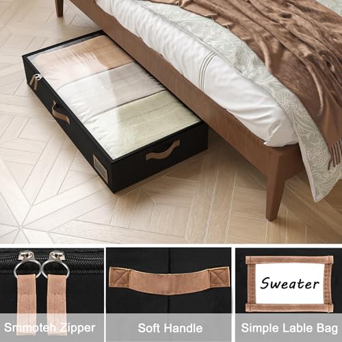 Under Bed Storage, Under Bed Storage Containers Bins for Clothes, Large Linen Underbed Closet Organization Bins, 2 Pack Collapsible Underbed Bin Dorm for Clothes, Sweater, Black - color: Black, size: 33"L x 17"W x 6"H