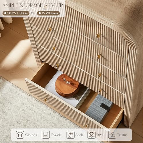 T4TREAM Fluted Dresser with 5 Drawers, 48" Tall Modern Chest of Drawers with Thickened Curved Profile Design, Wood Closet Clothes Storage Organizer for Bedroom, Living Room, Hallway, Natural Oak - color: Natural Oak, size: 15.7"D x 31.5"W x 47.6"H (5 Draw