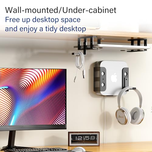 BYMECOST Under Desk Laptop Storage Mount with Hook, Metal Under Desk Device Holder, for Devices Up to 1.37" Thick, MacBook, Mini, Keyboard, Router, with Anti-Scratch Silicone (Black, 2.1" with Hook) - color: Black, size: 2.1" with hook