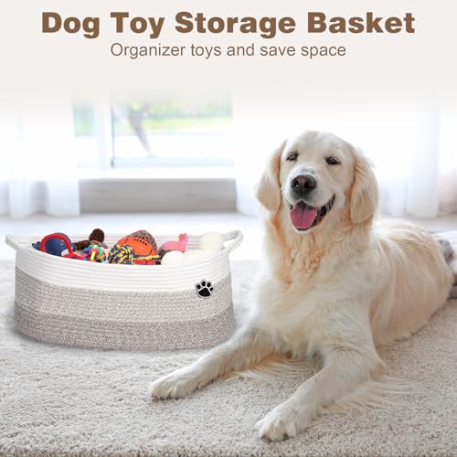 Optish Dog Toy Basket, Toy Box and Bin for Dog Cat Storage, 19.7" X 11" X 7.9" (30L) Large Woven Rope Basket for Blanket Storage, Living Room, Bedroom, White & Brown - color: White-Brown, size: 19.7"L x 11"W x 7.9"H (30L)