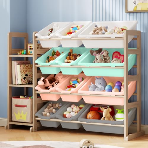 Toy Storage Organizer - Toy Organizers and Storage with Bookshelf, Toy Storage Shelf with 3 Shelves and 12 Storage Bins, Kids Bookshelf and Toy Storage for Kids Room, Playroom, Nursery, Multi color - color: Multi Color, size: 42.2 inches (L) x 11 inches (