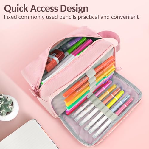Sooez Original High Capacity Pencil Case, Big Pencil Bag Pouch Box Organizer Pen Case, Aesthetic Supply for Girls Adults, Portable Journaling Supplies with Easy Grip Handle & Loop, Pink - color: Light Pink