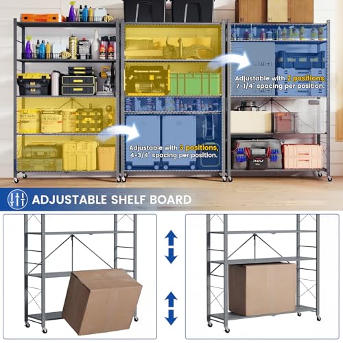 ALANNG 40" W Folding Storage Shelves with Wheels, Adjustable Metal Shelving Unit, Standing Shelf Organizer for Closet Kitchen Garage Laundry Pantry (Grey,1 Pack) - color: Grey