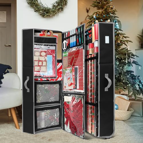 Hearth & Harbor Holiday Storage with Extra 2 PC of Christmas Storage Bins and Ribbon Storage Organizer - Fade Resistant Wrapping Paper Storage Containers with Wheels Fits Up to 30 Rolls of 40" Length - color: Black, size: Extra Large