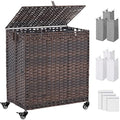 Laundry Hamper with Wheels&Lid, 50.2 Gallons(190L) Rolling Laundry Basket with Wheels, 3-Section Laundry Hamper, Handwoven Rattan Clothes Hamper with 6 Removable Liner& 3 Mesh Laundry Bags, Brown - color: Brown