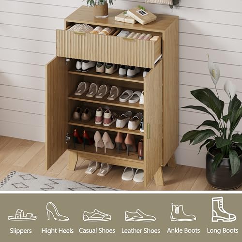 HUANLEGO Shoe Cabinet Storage for Entryway, 4 Tier Fluted Shoe Storage Cabinet with 2 Drawers, Narrow Hidden Shoe Organizer with Adjustable Shelves, Freestanding Shoe Rack for Entryway, Hallway, Oak - color: Oak, size: 4 Tier
