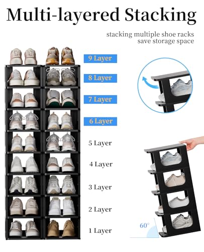 HAIXIN Shoe Organizer Rack for Small Spaces 5 Tier Plastic Vertical Narrow Shelves for Closet Black Shoe Holder, Stand for Entryway Storage Boots Organizer Stackable Cabinet (Pack of 2) - color: Black, size: 5 Tier (Pack of 2)