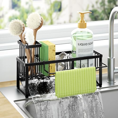 HapiRm Sponge Holder for Kitchen Sink - Self-draining Sink Caddy with Brush and Dishcloth Holders with Sloping Drainage - Black - color: Black-sloping, size: with Dishcloth Holder