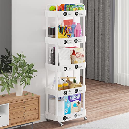 Laiensia 5-Tier Rolling Cart with Wheels,Multifunction Utility Storage Carts, Kitchen Storage Organizer,Mobile Shelving Unit for Bathroom,Laundry,with Classified Stickers,White - color: White, size: 5-Tier