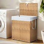 110L Laundry Hamper with Lid, Hand-Woven Pp Rattan Laundry Basket with Compartments & Handles, Removable Liner Bags,Foldable, Narrow Dirty Clothes Basket, Yellow - color: 110L-Yellow