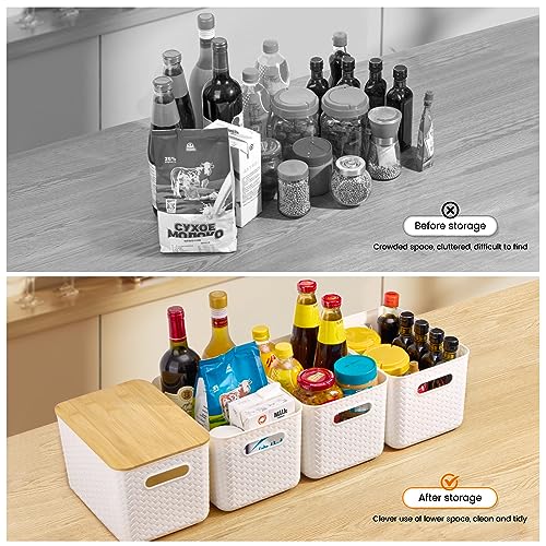 Ohmlove 4 Packs Storage Bins with Bamboo Lids - Plastic Storage Containers with Lids Stackable Storage Box：Storages Baskets for Organizing Desktop Closet Playroom Classroom Office,White - color: White
