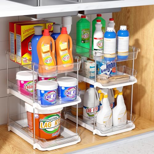 Delamu 2 Sets of 3-Tier Bathroom Under Sink Organizers and Storage, Multi-Purpose Stackable Pantry Organization and Storage, Pull Out Clear Kitchen Bathroom Cabinet Organizer with Movable Dividers | Storage, Multi-Purpose, Stackable, Pantry Organization,