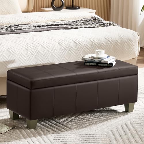 WUTUTUEE 41" Faux Leather Storage Ottoman, Stitch Tufted Rectangle Upholstered End of Bed Storage Bench, Entryway Large Couch Ottoman with Wooden Legs,Brown - color: Brown, size: 41 Inch