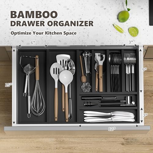 Kitchen Drawer Organizer Bins, Black Bamboo Drawer Organizer Stackable for Silverware, Utensils, Cutlery, Flatware, for Junk Drawer, Dresser, Bathroom, 12" x 3" x 2.5" (Set of 2) - color: Black, size: 12 x 3 x 2.5 Inch