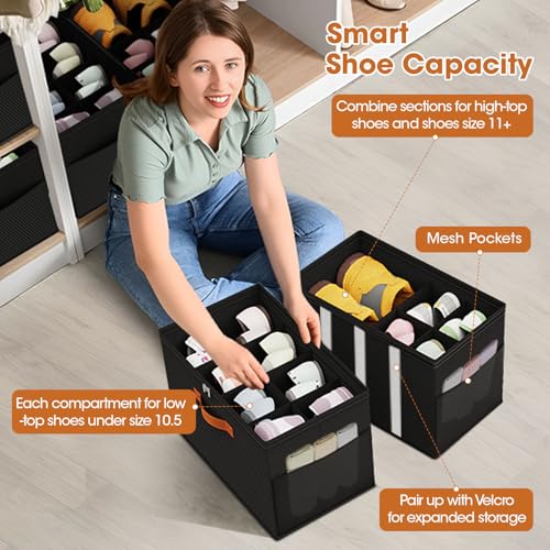 4-PackShoe Organizer for Closet, Foldable Shoe Storage Box with Adjustable Dividers & Clear Cover, Fits 32 Pairs, Black, Durable and Space-Saving - color: Black, size: 4 Pack