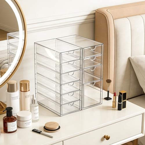 Prsildan Acrylic Drawer Makeup Organizer with 10 Drawers, Set of 2 Office Desk Organizers Accessories, Clear Stackable Storage Drawers for Vanity, Countertop, Craft, Jewelry, Art Supply Organization - style: 10 Drawers