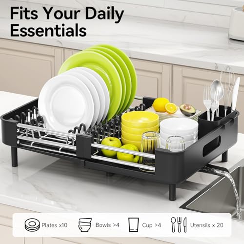 Urackify Stainless Steel Dish Drying Rack - Dish Drainer for Kitchen Counter, Extendable Drainboard with Foldable, Space-Saving Cup & Bowl Organizer, Includes Knife and Utensil Holder, Black - color: Black