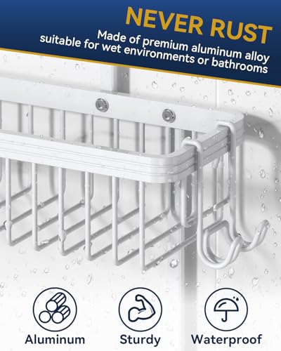 YASONIC Shower Caddy Hanging, Never Rust Shower Organizer Hanging, Aluminum Shower Racks for Inside Shower with Hooks for Razor, Bathroom Organizers and Storage with Soap Holder, White - color: White
