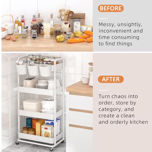 JIUYOTREE 4-Tier Plastic Rolling Storage Cart Utility Cart with Extra Hanging Cups Handles Lockable Wheels for Living Room Bathroom Kitchen Office White - color: White, size: 4-Tier