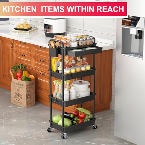 Goovilla 4 Tier Rolling Utility Cart Organizer with Removable Drawer, Stable and Sturdy Black Rolling Storage Carts with 2 Lockable Wheels for Bathroom, Kitchen, Snack, Craft, Makeup, Baby Essentials - size: 4 Tier, style: Black