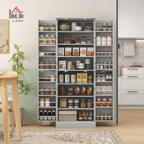 HOMCOM 65" Kitchen Pantry Storage Cabinet, Freestanding Kitchen Cabinet with 16 Door Shelves, Double Doors, 8-Tier Shelving and Adjustable Shelves, Gray - color: Grey, size: 65"H