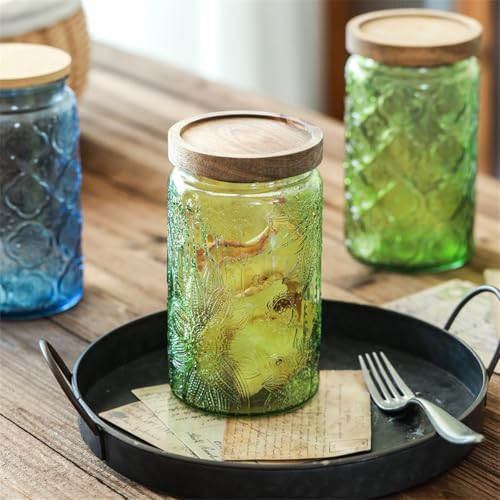 Vintage Glass Storage Jar with Solid Wood Lid - Sunflower Design Kitchen Canister for Coffee, Candy, Laundry Detergent - Cute Food Storage Jar (Green, 34 Ounces) - color: Green, size: 34 Ounces