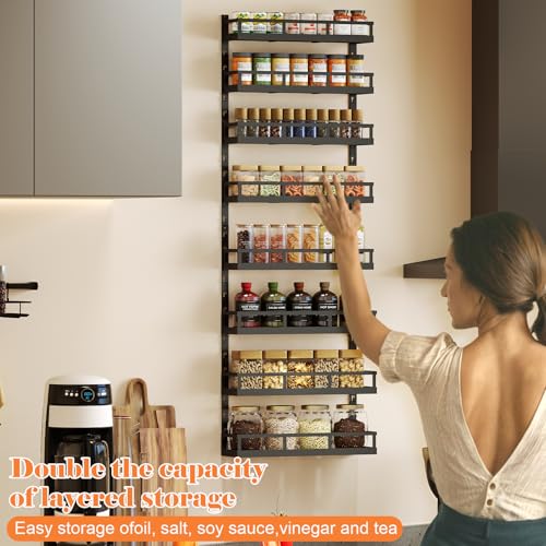 X-cosrack 8-Tier Adjustable Spice Rack – Wall-Mounted Space-Saving Organizer with Mixed Baskets, Large-Capacity Seasoning Holder for Kitchen & Pantry (Black) - color: Black, size: 8x 4.6"D