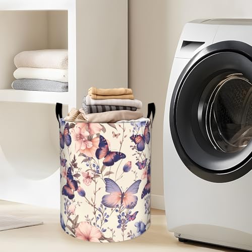 Elegant Butterfly and Pink Flowers Laundry Basket with Handles, 19.7"x15.7" Clothes Foldable Laundry Hamper Organizer for Dorm Nursery Bedroom Bathroom Decor, Toy Storage Bin for Kids - style: Butterfly05