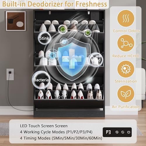 BORNOON Shoe Cabinet with Odor Control and Back Panels, Deodorizing Slim 3-Flip Shoe Storage Cabinet for Entryway, Freestanding Hidden Shoe Rack Organizer for Entrance, Hallway, Bedroom - color: Black, size: Deodorizing 3-Flip