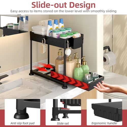 Sevenblue 4 Pack Under Sink Organizer, Bathroom Organizers and Storage, 2 Tier Multi-Use Pull Out Cabinet Organizer with Hang Hooks and Cups (Black, 4 Pack) - color: Black, size: 12.8 Inch