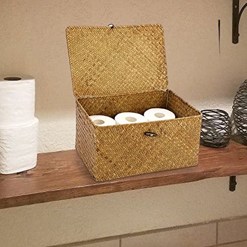 Hipiwe Wicker Shelf Baskets Bin with Lid, Handwoven Seagrass Basket Storage Bins Rectangular Household Basket Boxes for Shelf Wardrobe Home Organizer, Caramel Large - color: Caramel, size: Large