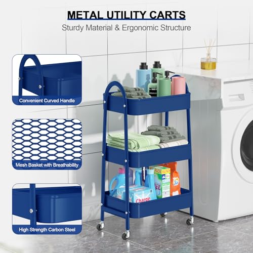 EAGMAK 3 Tier Utility Rolling Cart, Metal Storage Cart with Handle and Lockable Wheels, Multifunctional Storage Organizer Trolley with Mesh Baskets for Kitchen, Living Room, Office, Garage (Indigo) - color: Indigo Blue, size: Normal