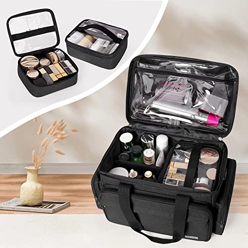 BAFASO Large Makeup Bag with 2 Removable Pouches and Detachable Dividers, Multifunctional Cosmetic Bag to Keep Makeup and Hair Supplies (Patent Pending), Black - color: Black