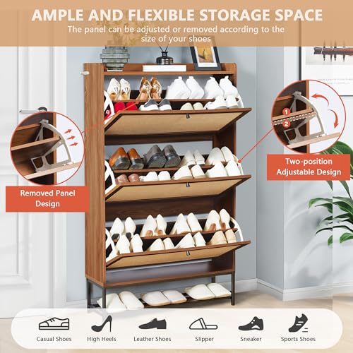 Shoe Cabinet Storage for Entryway, Narrow Shoe Cabinet with 3 Filp Drawers, Wood Freestanding Shoe Organizer Cabinet with Metal Legs, Hidden Storage Behind Door for Hallway, Living Room (Walnut) - color: Linen-walnut, size: 3 Drawer-Divider