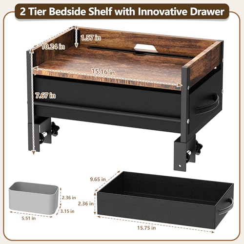 Bedside Shelf for Bunk Bed, 2 Tier Clip On Bed Shelf with Drawer & Cable Management, Under Mattress Bedside Shelf for Dorm Room, Loft Frame, College Dorm Essentials, Back to School (Brown) - color: Brown