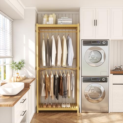 Homykic Bamboo Clothes Rack with Shelves and Double Hang Rods, Portable Closet System Garment Rack for Hanging Clothes, Tall Clothing Rack Corner Closet Organizer, Easy to Built, Natural - color: Natural, size: Standard