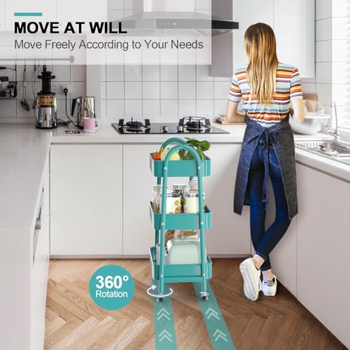 EAGMAK 3 Tier Utility Rolling Cart, Metal Storage Cart with Handle and Lockable Wheels, Multifunctional Storage Organizer Trolley with Mesh Baskets for Kitchen, Living Room, Office, Garage (Turquoise) - color: Turquoise, size: Normal