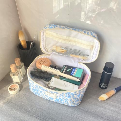 Blue Large Quilted Floral Makeup Bag Cute Soft Coquette Aesthetic Cosmetic Bag Cotton Travel Toiletry Bag for Women - color: A-Blue