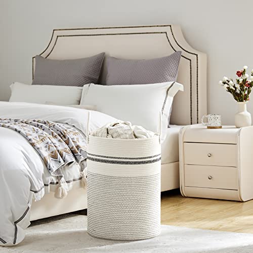 VIPOSCO Large Laundry Hamper, Tall Woven Rope Storage Basket for Blanket, Toys, Dirty Clothes in Living Room, Bathroom, Bedroom - 58L Stripe White - color: Stripe White, size: 58L