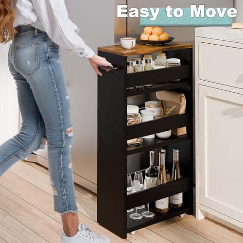MARTY Rolling Storage Cart 7.9" W, 4-Tier Kitchen Cart with Wheels Handle, Slim Storage Cart Mobile Shelving Utility Carts for Bathroom Laundry Room Organization Narrow Places (Black) - color: Black, size: 7.9"D x 15.75"W x 31.5"H