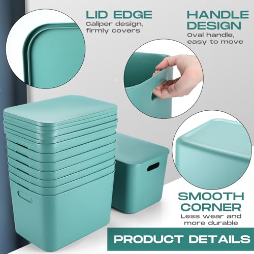 Hoolerry 8 Pieces Colorful Storage Bins with Lid, Plastic Storage Basket Organizing Container Stackable Box with Handle for Shelves Desktop Playroom Office(14.2 x 10.2 x 9.5 Inch,Green) - color: Green, size: 14.2 x 10.2 x 9.5 Inch