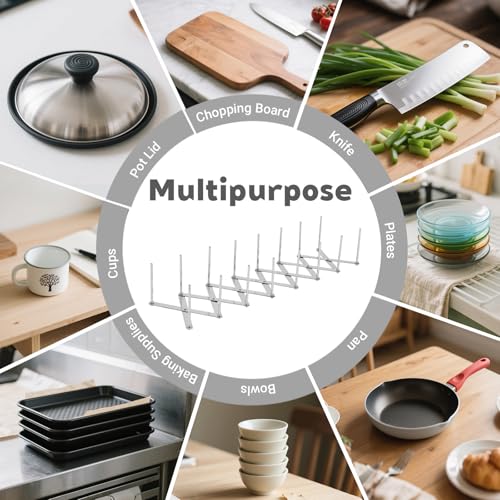 JINGIHE Pots and Pans Organizer, Adjustable Kitchen Cabinet Pantry Organization Storage Rack, Expandable Stainless Steel Holder for Pot Lid Cutting Board Bakeware Dishes Cookware （7-tier）