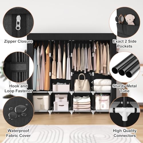 VTRIN Portable Closet for Hanging Clothes 67 Inch Wide Large Capacity Portable Wardrobe Closet with Cover, 4 Storage Shelves and 4 Hanging Rod Sturdy Free Standing Closet for Bedroom, Black - color: Black, size: 4 Row - 67'' Wide