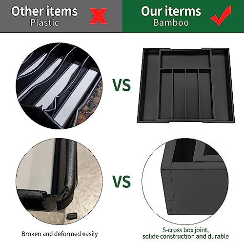 Utoplike Bamboo Silverware Drawer Organizer, Expandable Kitchen Utensils Drawer Organiser, Cutlery Tray Dividers, Flatware Caddy Drawer Insert, Office Supplies, Black 5-7 Slot - color: Black, size: Small