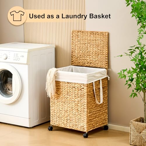Rolling Laundry Hamper with Lid, Natural Water Hyacinth Basket with Removable Liner, Wheel or Non-Slip Installation Laundry Basket for Home Use (Natural, 100L) - color: Natural, size: 100L