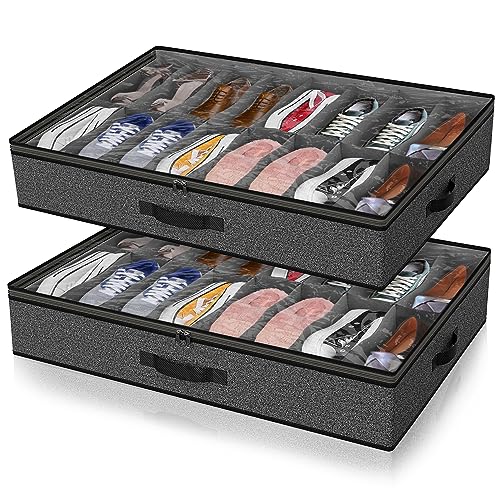 Under Bed Shoe Storage Organizer for Closet, 32 Pairs Sturdy Underbed Shoe Storage Boxes Bins Container Foldable Shoes Storage with Reinforced Handles & Clear Window for College Dorms Grey, Set of 2 - color: Basalt Grey